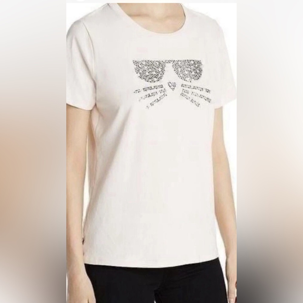 Karl Lagerfeld Paris Womens Cat Face Rhinestone Pink T Shirt Size Small